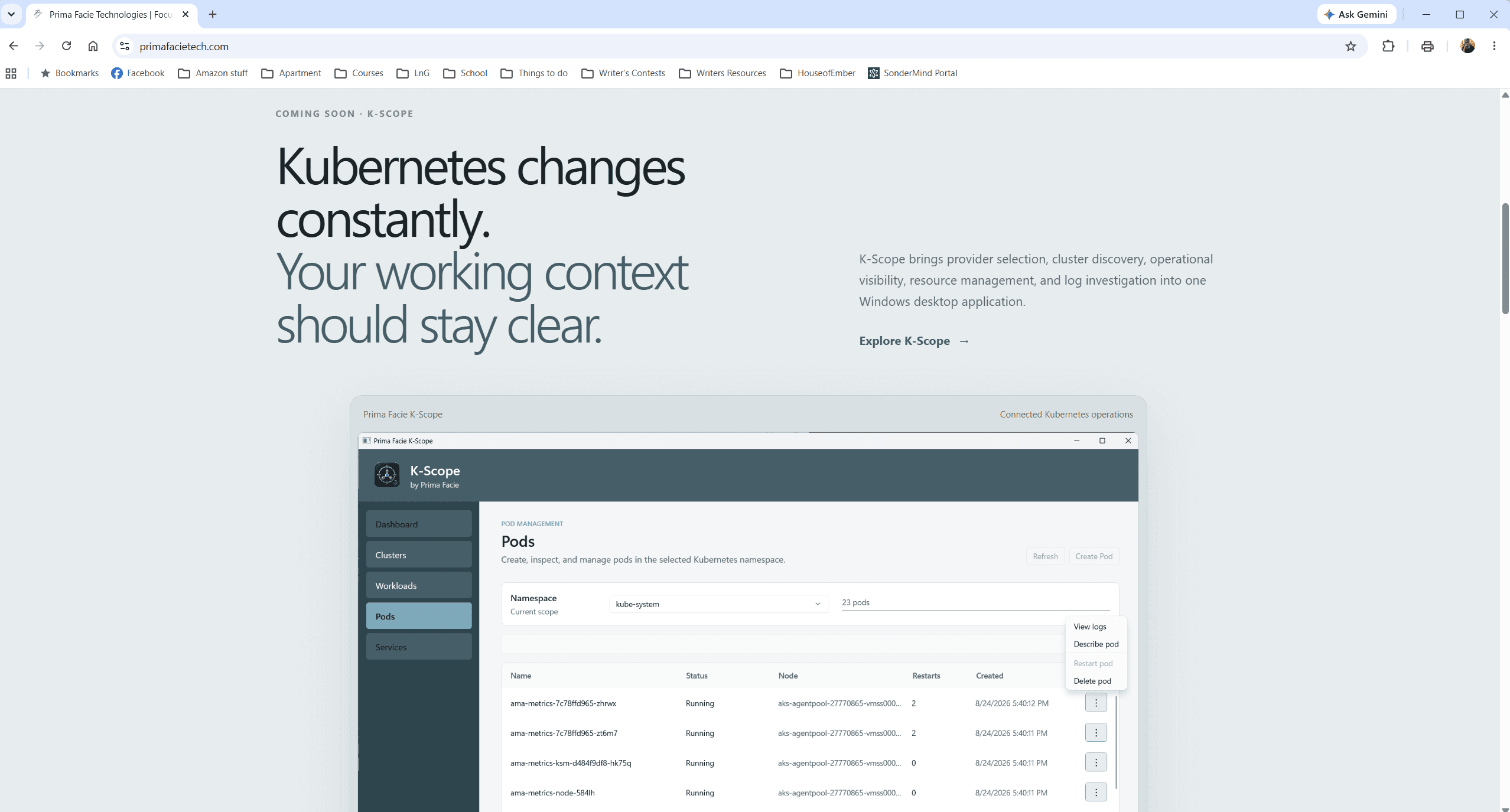 K-Scope dashboard connected to an Azure Kubernetes cluster