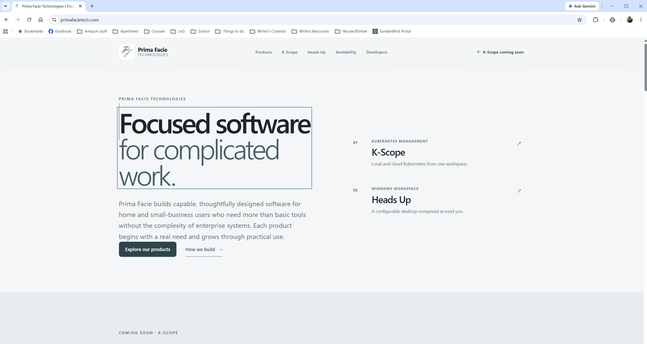 Prima Facie Technologies website featuring K-Scope and Heads Up