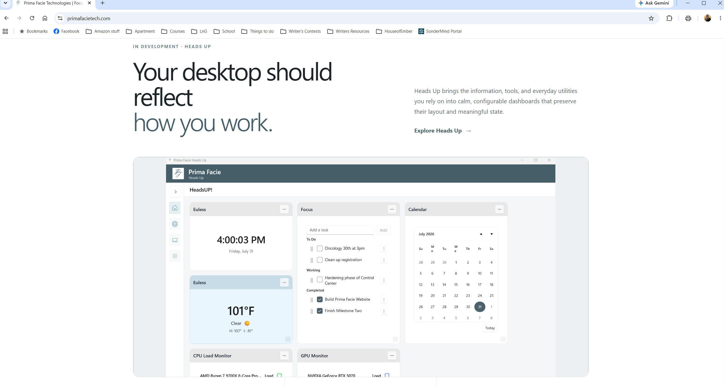 Heads Up dashboard with productivity, information, and monitoring widgets